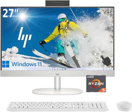 HP 27" FHD Touchscreen All-in-One Business Desktop, AMD Ryzen 5 CPU, 16GB DDR5 RAM, 256GB PCIe SSD, External Moitor Support, Ultra-Quiet Design, HDMI, Wi-Fi, USB-C, Wireless KB&Mouse, Windows11