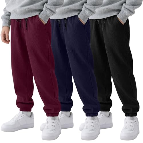 LessonZoo 3 Pack Boys Joggers Kids Corduroy Sweatpants Casual Elastic Waist Drawstring Athletic Uniform Pants with Pockets(Wine Red, Navy Blue, Black,13-14 Years) by LessonZoo - Used condition - US$10.75