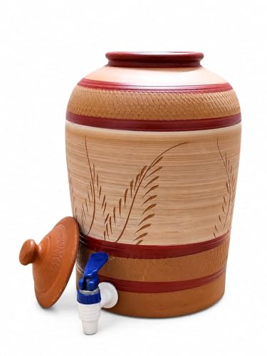 Image of 8L Earthen Water Dispenser with Tap and Lid | Handmade Terracotta Clay Matka | Natural Cooling Water Pot