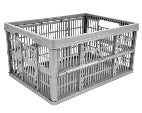 Monal Homion 32L Foldable Plastic Storage Crate Collapsible Stackable Basket with Handles for Home Garage & Car Boot Grey Pack Size Selection (1)