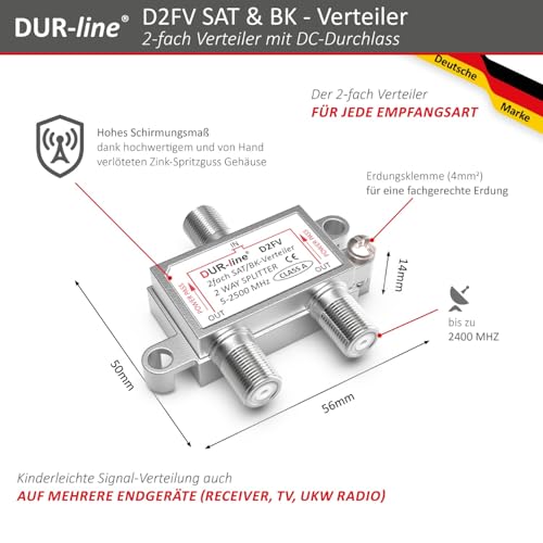 DUR-line SAT & BK-Verteiler - 2-Fach Splitter - voll geschirmt - Unicable & HD tauglich - für Sat-Anlagen DVB-S2 - BK, UKW, DC-Durchlass, TV Antennen