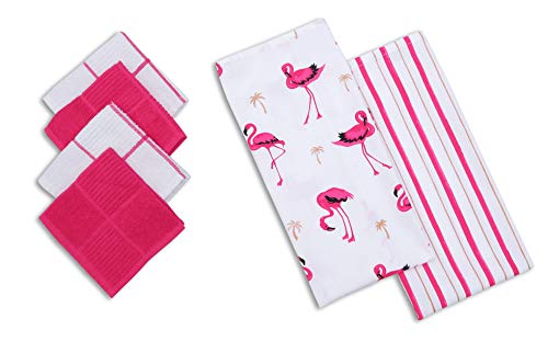 Amour Infini Flamingos 6 Pack Kitchen Set | 2 Decorative Kitchen Towels (28” X 18”) And 4 Terry Dishcloths (12” X 12”) | 100% Cotton Machine Washable | Super-Soft And Ultra Absorbent | Pink #TOP13