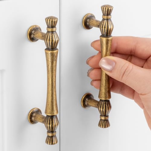 ASKANO 10 Pack 3 Inch Hole Centers Antique Brass Cabinet Pulls Vintage Brass Cabinet Handles Brass Cabinet Hardware for Cabinets ZP2408 Drawer Dresser Cupboard Bedroom Closet Bathroom Vanity