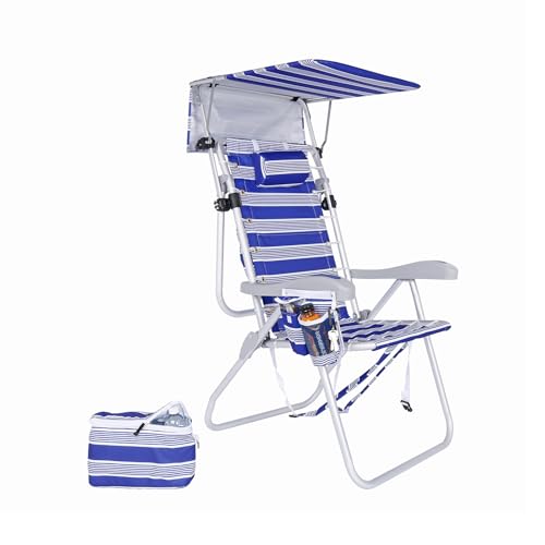 Ultimate Heavy Duty High Seat Aluminum Folding Backpack Beach Chair for Adults | Lay Flat, 5 Reclining Positions | Removable Insulated Cooler Pouch & Canopy for UV Protection