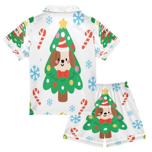 Satin Pajama Sets Short Sleeve Christmas Tree Dog Snowflakes Button Down Silky Nightwear 2 Piece PJS 5-14Y2