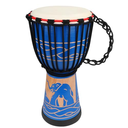 MUINS Djembe drum,8'' x 16'' African Hand Drum Carved Mahogany African Drums with Goatskin Drumhead for Kids and Adults Beginners (Blue Elephant, 8 Inch)