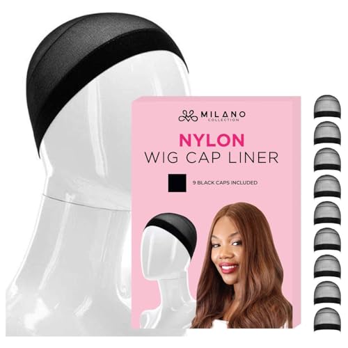 MILANO COLLECTION Wig Caps for Women | Premium Breathable, Stretchable, Nylon Bald Wig Cap Liner Stocking for Wigs and Lace Front Wigs, Hair Cap, Black, 1 Pack of 9 Caps, 9 Count