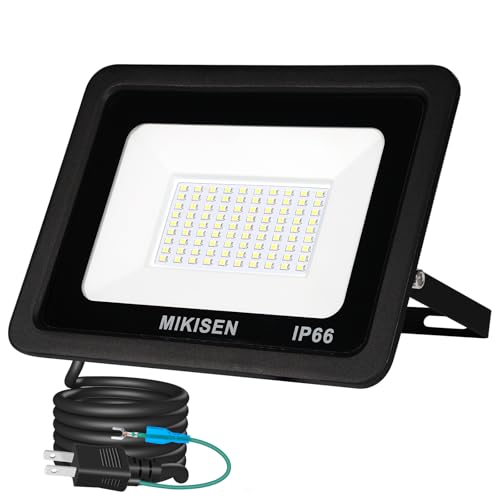 MIKISEN led 投光器 作業灯 看板灯 80w 昼光色 10000LM 6500K 1000w相当 1.8コード IP66防水 アース端子付2Pプラグ 120°広角 100V対応 ワークライト 工事用ライト 外灯 集魚灯 駐車場用 倉庫照明 防犯灯 船舶 屋内 屋外作業 BBQ用 日本語取扱説明書【PSE認証済み 1個セット】