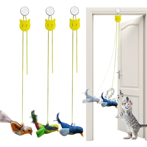ZDQC 3 Stück Katzenspielzeug Selbstbeschäftigung Hängende Türrahmen Elastische Vogel mit Quietschgeräusch Fliegender Vogel Katzenspielzeug Fliegender Vogel Spielzeug für Katzen mit Elastisches Seil