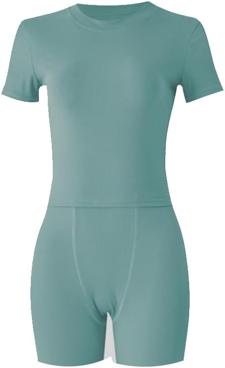 Lounge Wear Ribbed Casual 2 Piece Tracksuit Set Women Solid Skinny Short Sleeve O-Neck Top+Mid Waist Elastic Leggings - Image 5