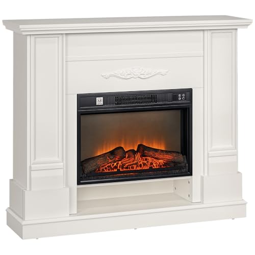 HOMCOM Camino Elettrico da Terra con Effetto Fiamma 3D e Ripiano, 177cm 1800W Caminetto Elettrico con Spegnimento Automatico, Termostato, Risacaldamento Regolabile, Timer e Telecomando, 30㎡, Bianco