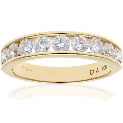 Image of Naava Women's 18 ct Yellow Gold Channel Set Half Eternity Ring, HS/I Certified Diamonds, Round Brilliant, 1ct, Yellow Gold, J