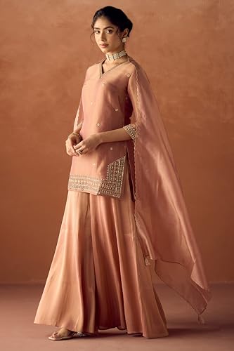 Image of FIORRA Women Peach Tissue Blend Hand Embroidered Kurta Set with Dupatta