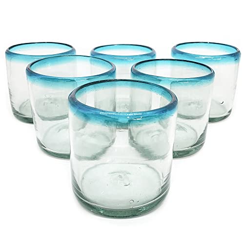 MexHandcraft Aqua Blue Rim 8 oz DOF Rocks Glasses (set of 6) Mexican Handmade Glassware, Recycled Glass, Lead-free, Toxin-Free (DOF Rocks)