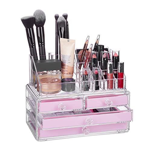 Relaxdays 10023130_52 Organisateur cosmétiques 2 Parties boîte Rangement Maquillage Make up 12 Porte-Crayons, Rose, Acrylique, Bonbon, 19 x 24 x 13,5 cm