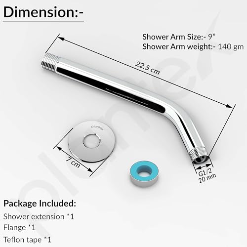 Image of Plantex 9-Inch Round Bend Shower Arm for Overhead Shower /Stainless Steel Shower Pipe /Wall Mount Bathroom Fitting with -Inch Thread - Pack of 1 (Chrome)