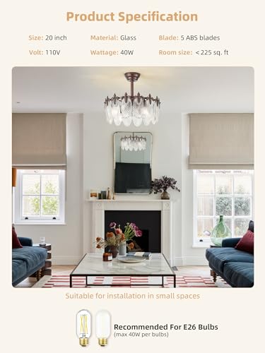 Image of 20 Inch Brown Crystal Fandelier Ceiling Fan with Light, Vintage Brown Ceiling Fans with Lights Remote Control, Caged with 6 Speeds for Bedroom, Nursery, Living Room
