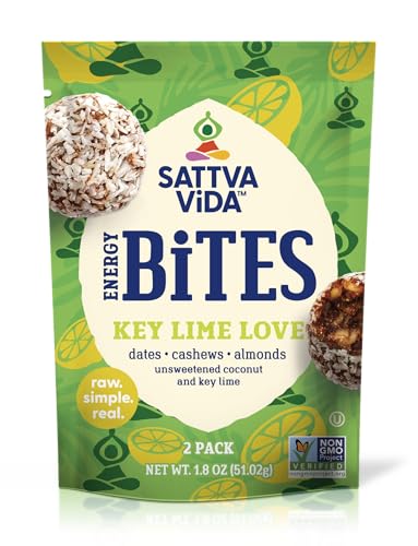 Sattva Vida Energy Bites - Key Lime Love - Case of 10 with 2 Pieces per Pack, Dates and Nuts Balls, Cashews and Date Based. Healthy Minimal Satisfying