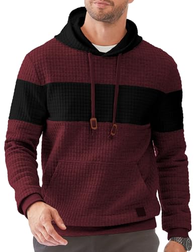 JMIERR Kapuzenpullover Herren Pullover Langarm Hoodie Herren Warm Jacquard Casual Farbblock Sweatshirt mit Taschen Rot L