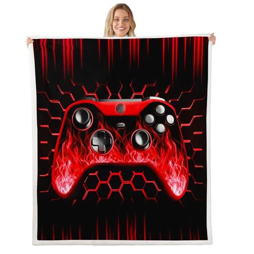 Manta de juegos para niños, diseño de panal de abeja, 40 x 50 pulgadas, manta de forro polar con luces de neón rojas, manta de cama para consola de juegos, decoración geométrica hexagonal de colmena