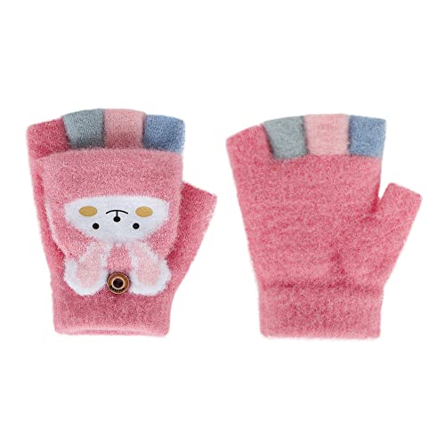 Kids Convertible Fingerless Gloves Cat Bunny Knit Flap Cover Mittens Half Finger Stretchy Mitten Glove for Girls Boys 6-12Y2