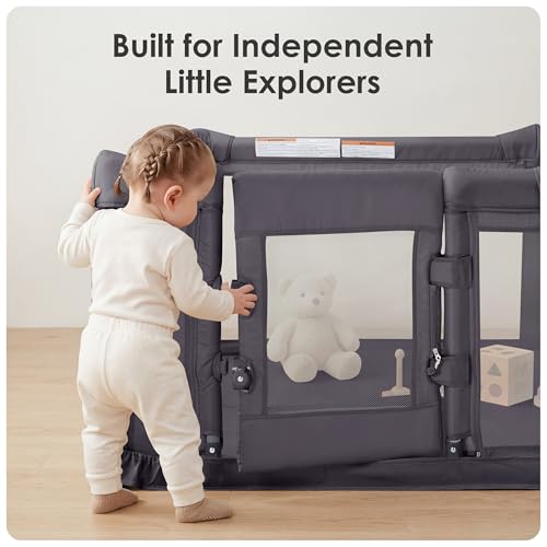 Image of Sweeby Foldable Baby Playpen, 71x59 Inch Baby Gate Playpens for Babies and Toddlers Extra Large Play Yard with Door Child Fence and Indoor Play Pen, Dark Grey