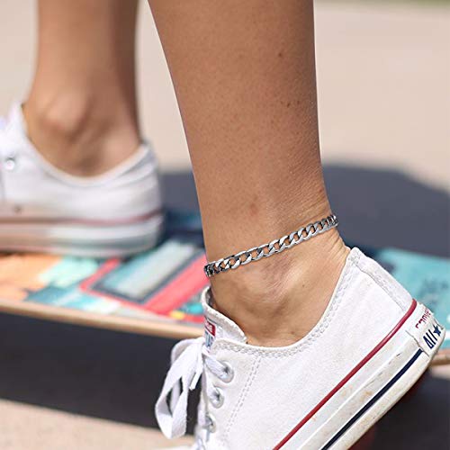 Focalook Cuban Link Anklets For Women Waterproof Stainless Steel Anklet Flat Cuban Chain Anklets 8.5-10.5Inch Adjustable For Large Size Ankle #TOP2
