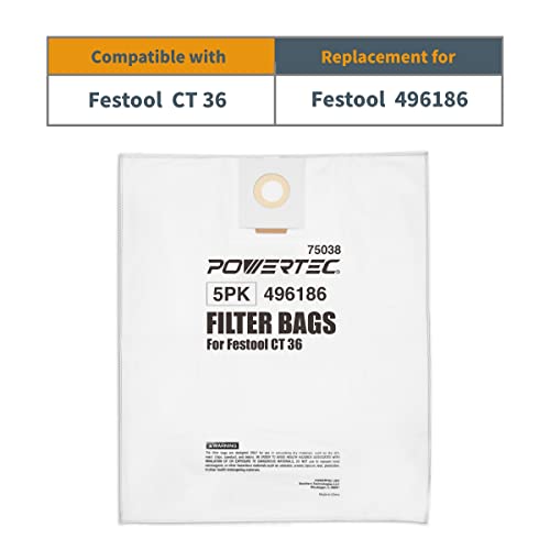 Powertec 75038 Filter Bag For Festool 496186 Fits Ct 36, 5Pk #TOP1