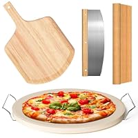 5 PCS Pizza Stone Set with Wooden Pizza Peel, 33 * 33CM Round Cordierite Stones, Pizza Cutter & 10pcs Cooking Paper (5)