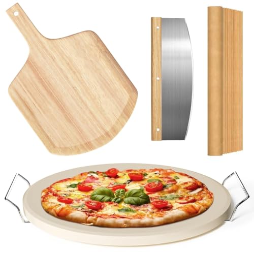 5 PCS Pizza Stone Set with Wooden Pizza Peel, 33 * 33CM Round Cordierite Stones, Pizza Cutter & 10pcs Cooking Paper (5)
