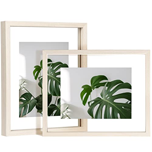 Egofine 8x10 Floating Frames Set of 2, Double Plexiglass Picture Frame, Made of Solid Wood Display Any Size Photo up to 8x10, Wall Mount or Tabletop Standing, Beige