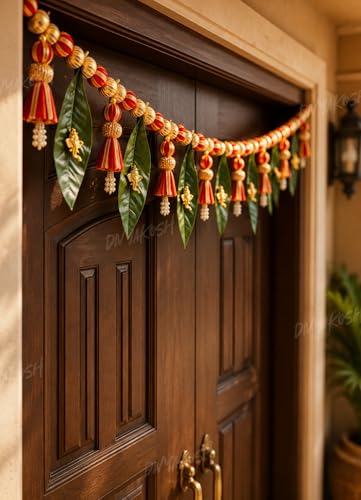 Image of Divyakosh Handmade Door Toran for Main Entrance Door| 38 Inch Indian Festive Bandarwal with Mango Leaves, Golden Ganesha, Pearl Tassels & Red Gold Beads | Decorative Hanging for Diwali, Wedding
