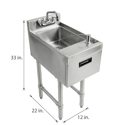 Image of 22.5 in. x 12 in. Stainless Steel Underbar Hand Sink with Soap and Towel Dispensers, 10 in. x 14 in. Bowl, Faucet, and Drain Basket