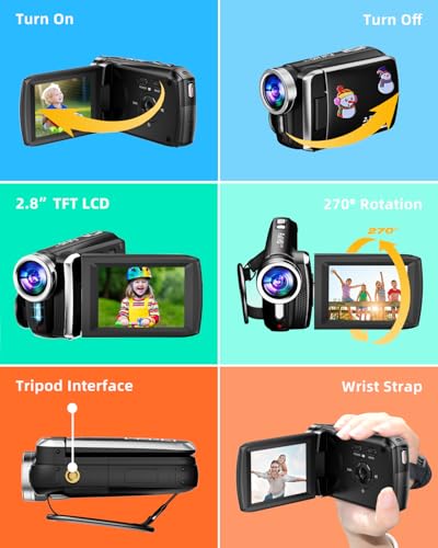 Rawiemy Video Camera Camcorder HD 2.7K 36MP Kids Camcorder Vlogging Camera for YouTube TikTok Digital Video Camera Recorder,Christmas Stickers,8X Digital Zoom for Kids (Black) - Thumbnail 4
