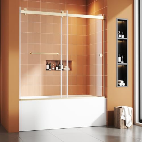 Image of Bathtub Sliding Door 55 inch-60 inch W x 56 inch H Tub Shower Door, Frameless Bypass Bathtub Door Glass, Double Sliding Tempered Glass with Explosion-Proof Film Stainless Steel Gold