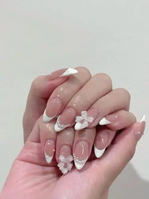 Vembley Set of 24 Pcs Artificial Reusable Press On Nails In Bowknot And Pearl Design With Sticker And Glue-image-33