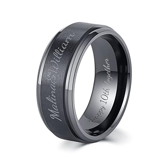 LerchPhi Mens 8mm Black Zirconium Ring Wire Drawing and Polished Process Stepped Edge Comfort Fit Custom Engraved Service