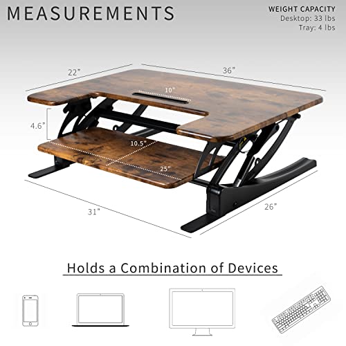 Image of VIVO Rustic Vintage Brown 36 inch Standing Desk Converter, DESK-V000VN | Height Adjustable, Stand Up Desk Riser, Wide Keyboard Tray, Dual Monitor and Laptop Workstation, Black Frame, V Series