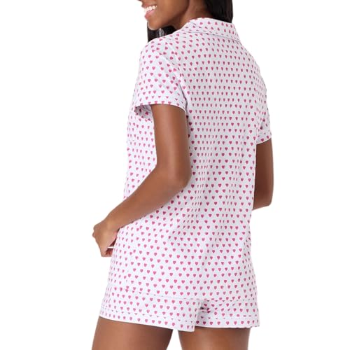 Image of Womens Pajamas Set Trendy 2 Piece Button Down Monkey Shorts Set Y2k Roller Dupes Rabbit Long Sleeve Preppy Loungewear Pjs, XX-Small, Pink Heart