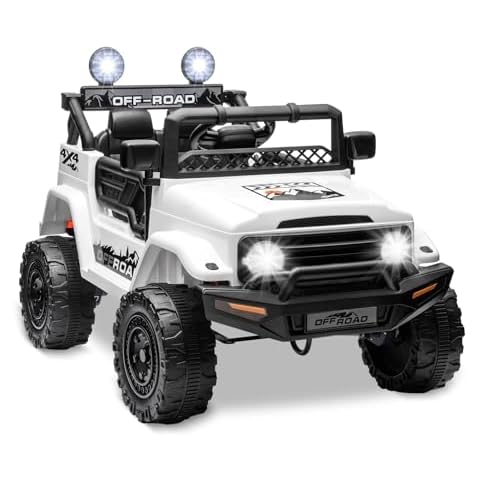 ROXAAN 12V Ride on Truck, Battery Powered Electric Car for Kids, Electric Vehicle Toy with Remote Control, 3 Speeds, MP3, Horn, LED Lights, Suspension System, Electric Ride-on Off-Road Car White Cover