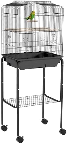 PawHut 49" Metal Bird Cage with Rolling & Detachable Stand Wheels Black