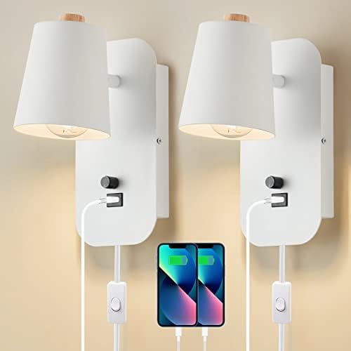 DASTOR Plug in Wall Sconces Set of Two, Adjustable Angle Wall Light Fixtures, Bedside Wall Lamp with USB Charging Port, White Sconce Wall Mounted Light for Living Room Bedroom