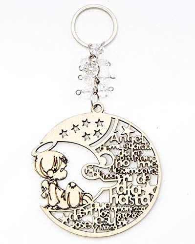 OOKI-12Pcs Baptism Pink Girl Wood Angel Moon Design Keychain Baptism Favors with Angels for Boy and Girl Recuerdos de Bautizo (Boy)