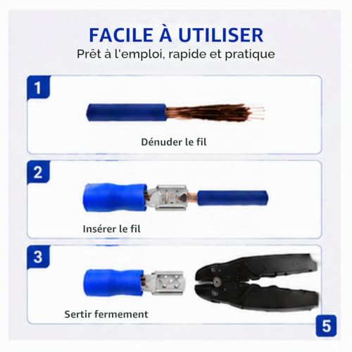 Risegun 100 pièces Cosses électriques à sertir, FDD2‑250 femelle Connecteur à cosse avec coque isolante 0,8 x 6,35 mm câble terminal pour câble de 1,5 à 2,5 mm²(Bleu) – vue 7