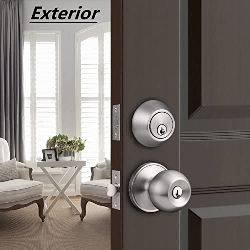 Probrico Entry Door Handle Set With Single Cylinder Deadbolts Combo Pack,Satin Nickel Finish Door Knobs With Lock&Keys, Round Door Handleset Keyed Alike, Modern Door Knob Set #TOP2
