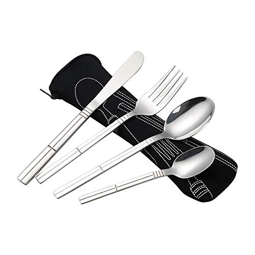 Eudokky Cubiertos de Camping de Acero Inoxidable para 1 Persona, Cubiertos de Picnic, 4 Piezas