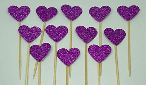 HoitoDeals 12 Pcs Glitter Heart Shape Cupcakes Toppers For Party Decoration Food Flags