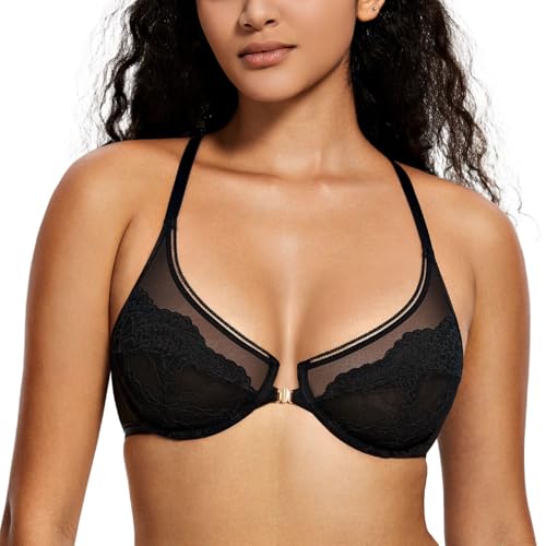 Deyllo Bras for Women Push Up Deep V Sexy Lace Front Fastening Bra, Comfort Soft Plunge Underwire Support Bras Lift Up(Black,38D)
