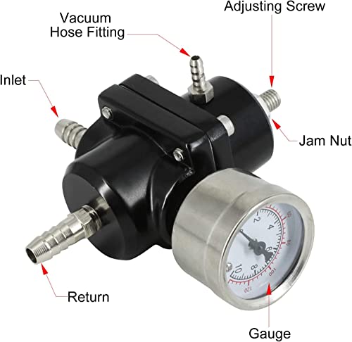 Bartoo Universal Fuel Pressure Regulator Kit,Aluminum Fuel Regulator,Adjustable Gas Oil Injection Pressure Regulator With 0-140 Psi Gauge,6An Fuel Line Hoses,Install Tool Accessories (Black) #TOP6
