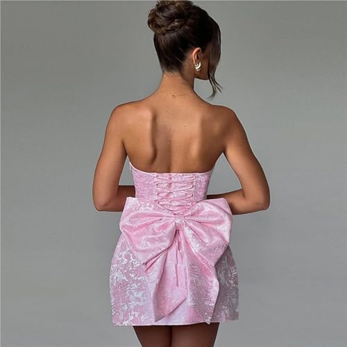 BNGD Women's Solid Color Bustier Backless Bow Dress Sexy Jacquard Strappy Mini Skirt2